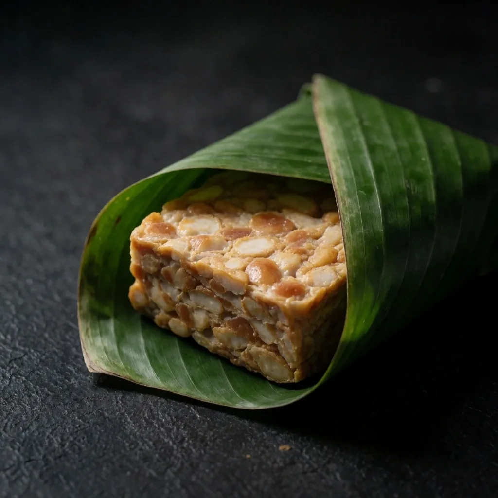 Close-up of fresh tempeh on a dark surface, representing local Indonesian nutrition