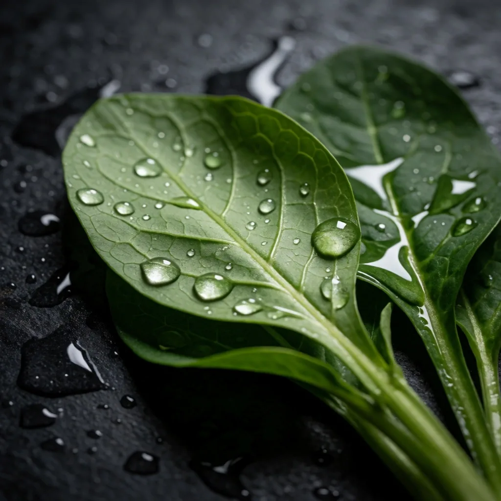 Fresh green kangkung leaves on dark stone, representing local Indonesian produce