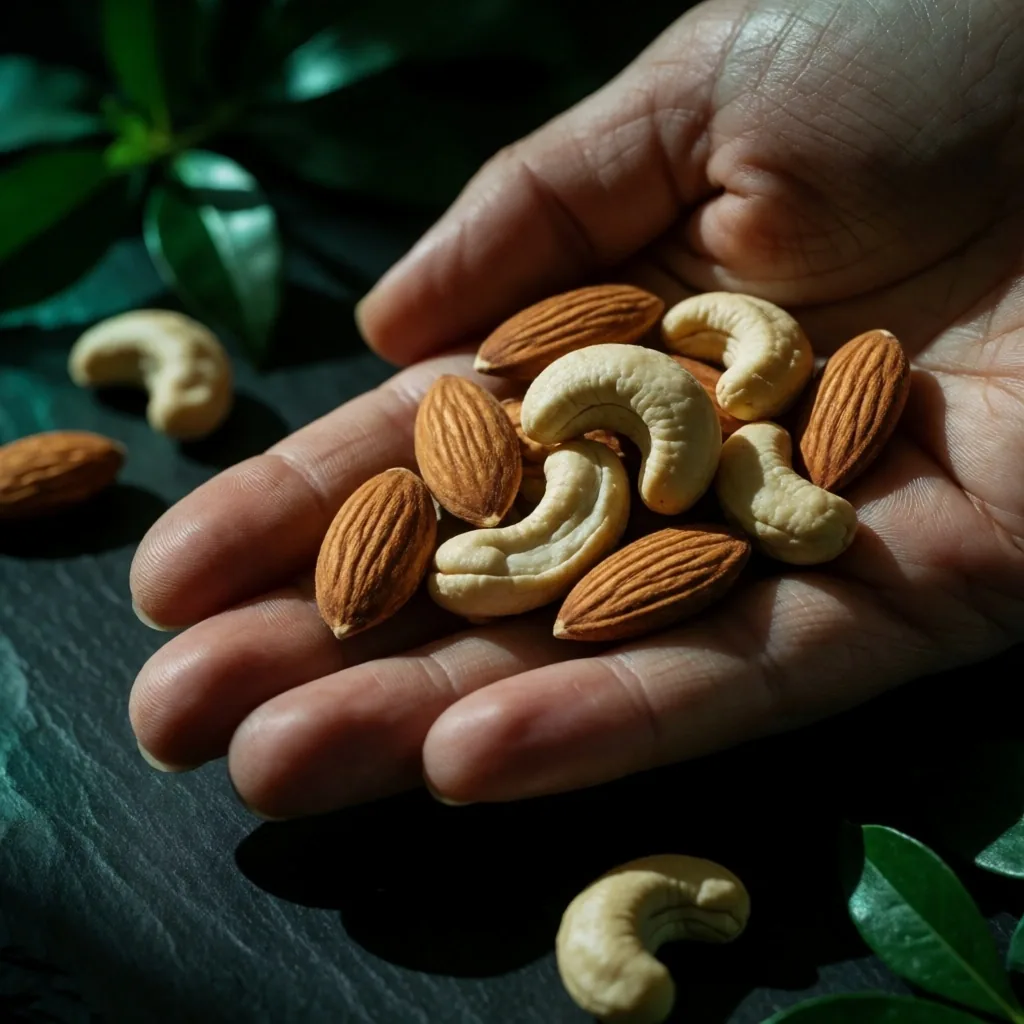 Raw nuts held in hand under directional light